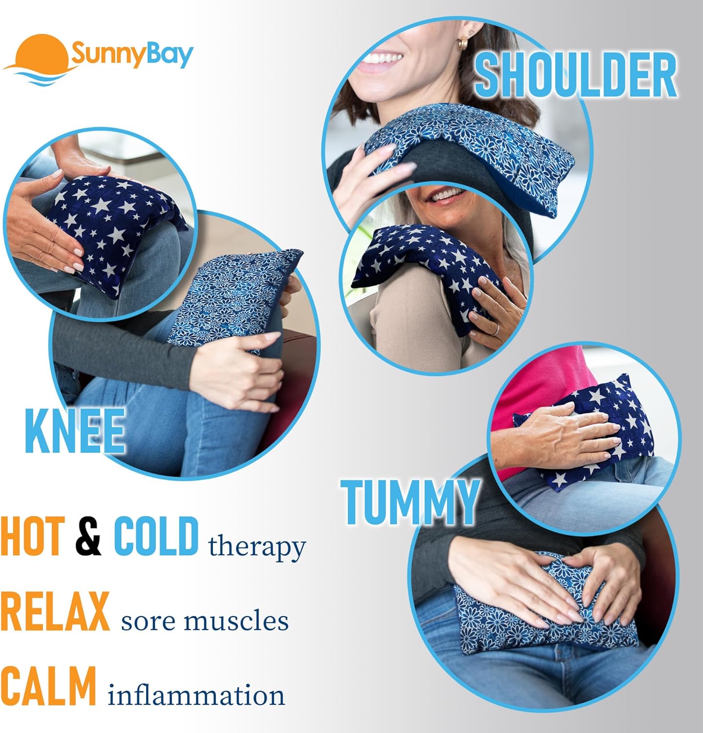 SunnyBay Small Microwave Heating Pad, Microwavable Versatile Cold/Heated Neck and Shoulder Wrap for Back Pain and More, Moist Heat Cotton-Fleece Pad, 6x11 Inches, Blue Star and Royal Flower, Pack of 2