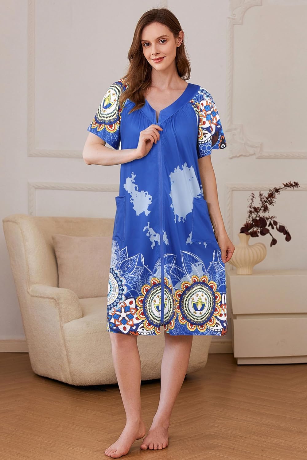 Ekouaer Women Robe Zipper Front Mumu Duster Robes Zip Up Housecoat Soft Sleepwear with Pockets S-3XL