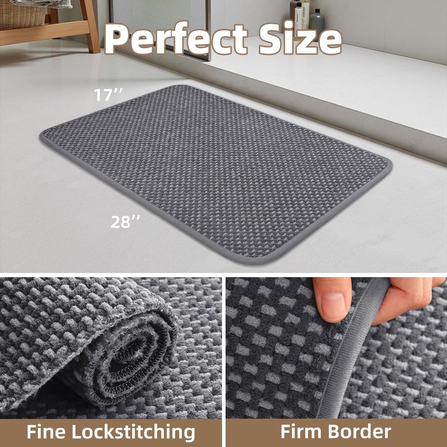 PADOOR-Bath Mat-Super Absorbent Chenille Bathroom Mats-Rubber Backed Bath Mats for Bathroom Non Slip, Easy Clean Bathroom Rugs Front of Bathtub,Shower Room,Sink-17×28, Grey&Darkgrey