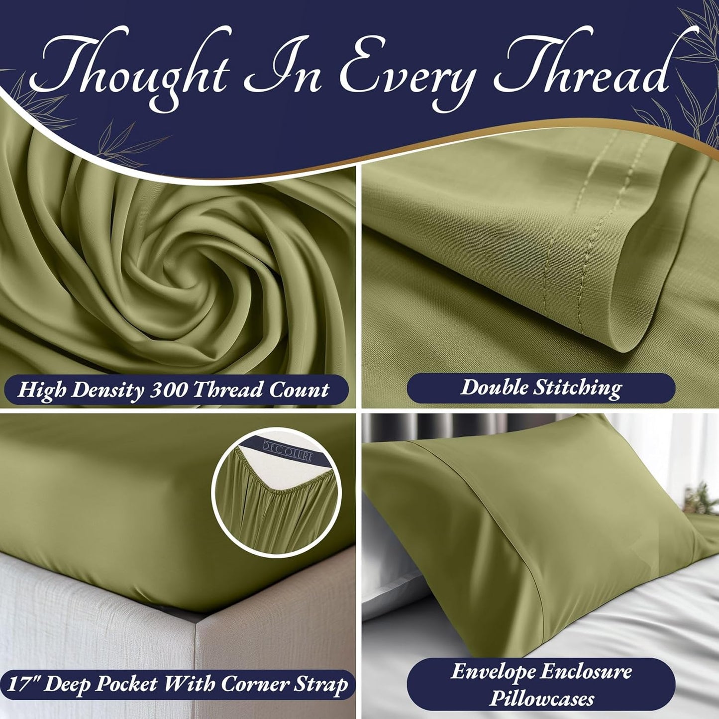 DECOLURE 100% Viscose Derived from Bamboo Sheets King Size 4pcs - Ultra Soft & Luxuriously Cooling, 17" Deep Pocket, Double Stitching, Perfect for Hot Sleepers - King Bed Sheets (Light Olive)