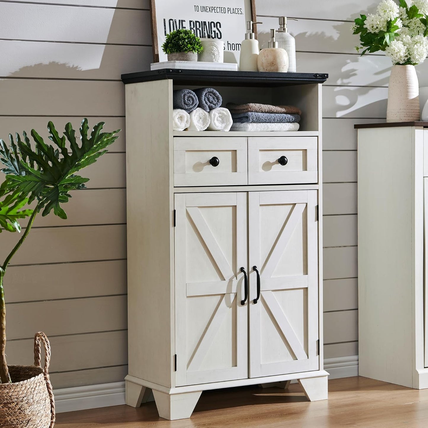 ACCOHOHO Bathroom Floor Cabinet, Farmhouse Storage Cabinet, 24" Wide Cabinet with Drawer, Adjustable Shelf, Barn Doors, Cabinets for Bathroom, Kitchen, Living Room, Off White