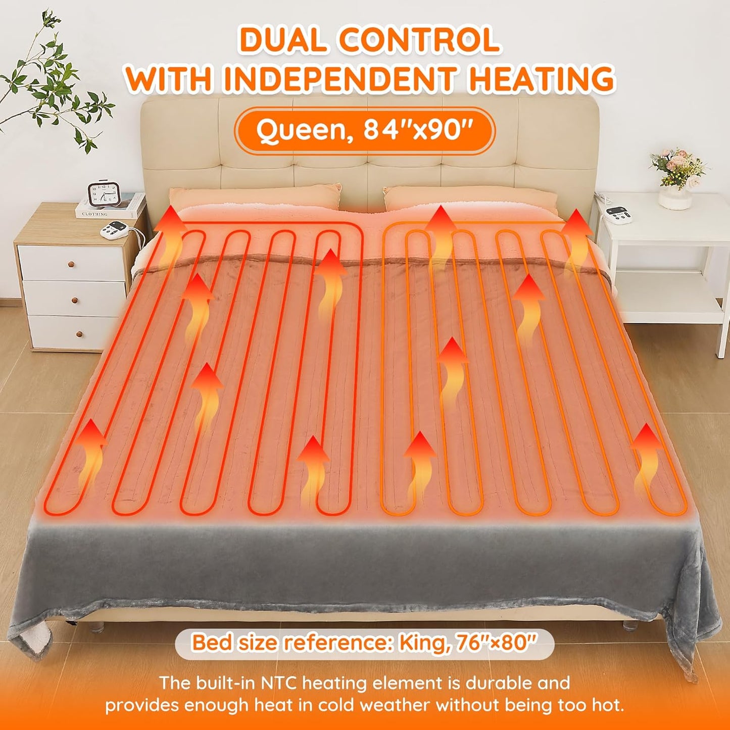 Mia&Coco Heated Blanket Queen Size （84"x90"） Dual Control Flannel Electric Blanket,10 Heat Levels,10-Hour Auto-Off, Fast Heating, Overheat Protection, Soft Heating Blanket for Home and Office- Gray