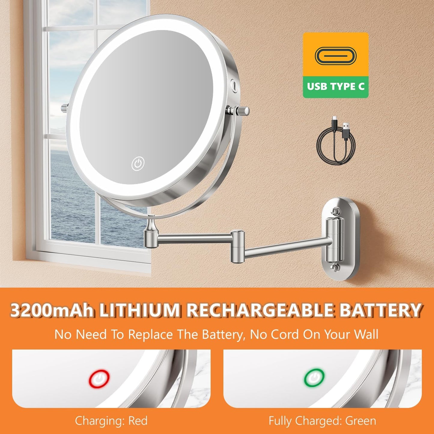 Auxmir 1X/20X Wall Mounted Makeup Mirror with Light, 8" Rechargeable Double-Sided Magnifying Mirror, Vanity Mirror Dimmable 3 Color Light, 360° Extension Rotation Foldable 14.5 Inch Arm, Chrome