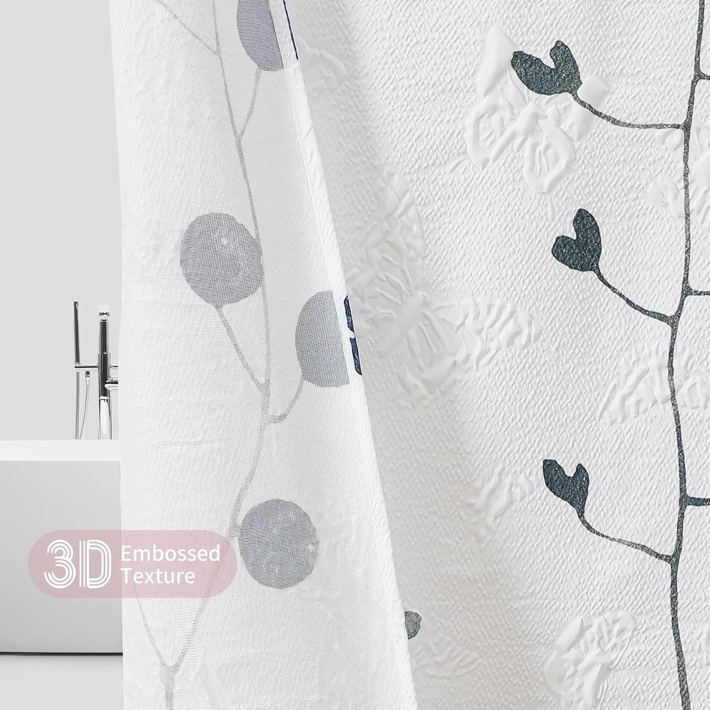 QiyI Watercolor Floral Shower Curtain, 3D Embossed Butterflies Pink Blue Bathroom Curtain, Minimalist Farmhouse White Bath Curtain, Waterproof Fabric Flower Shower Curtain Set with Hooks, 72x72