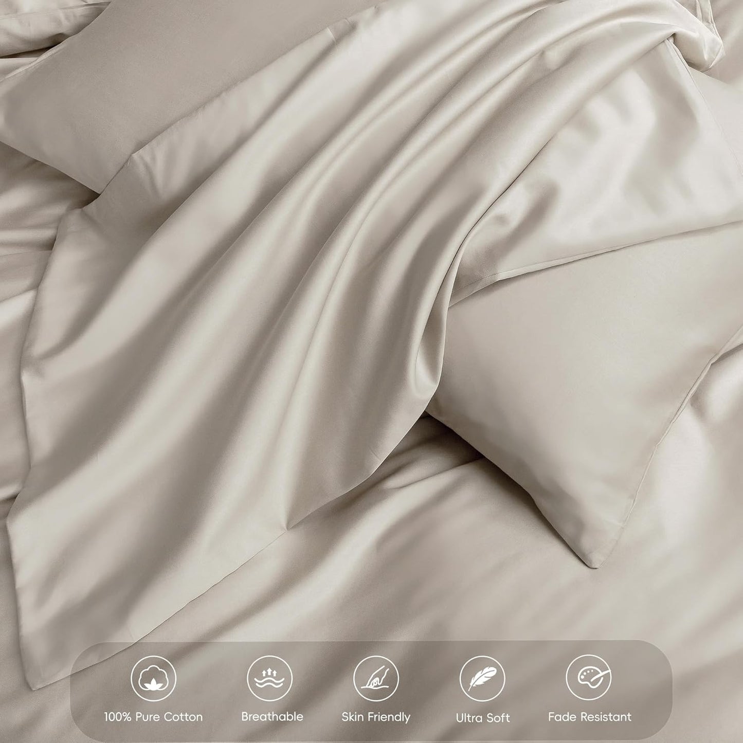 MooMee Duvet Cover Set 100% Extra Long Staple Cotton 600 Thread Count Silky Sateen Smooth Luxury Soft Breathable Durable Hotel Quality Bedding, 3 Pieces (Beige, King 104"x90")