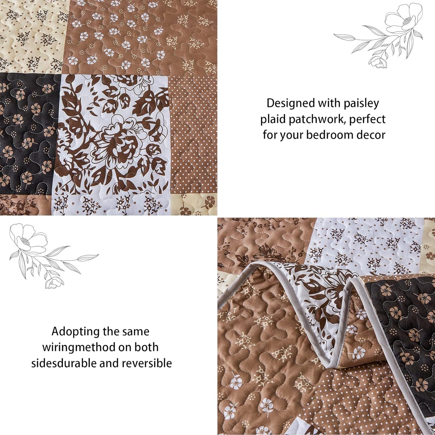 Mybedsoul Brown Patchwork Quilt Set California King Size,3 Pieces Khaki Floral Plaid Reversible Bedspread Coverlet Set for All Season,Summer Soft Microfiber Bedding Set 96"x 106"