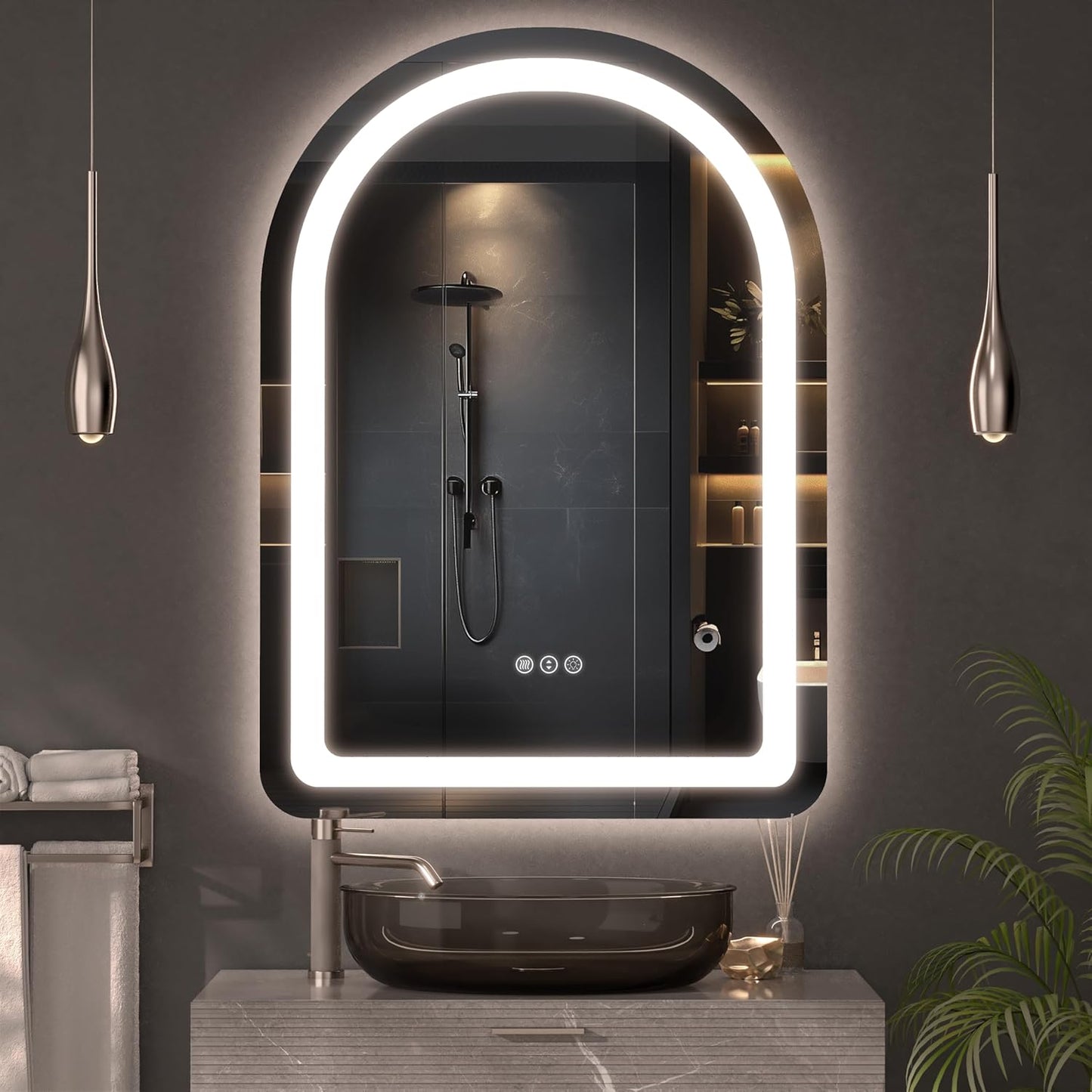 Hasipu 20x28 Inch Bathroom Mirror with Lights Arch LED Vanity Mirror Frontlit Smart Touch Sensor Dimmable 3 Colors Temperature Shatterproof Wall-Mounted Vanity Mirror Metal Frame