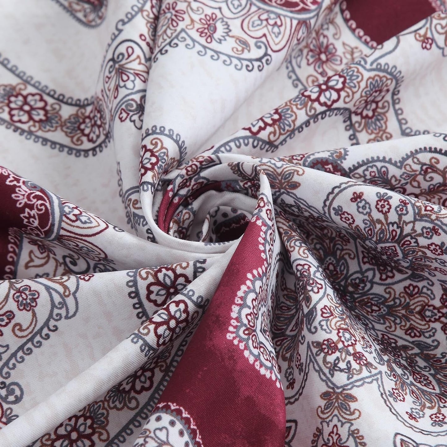 Extra Long Burgundy Shower Curtain 84 Inches, Water Repellent Fabric with Medallion Pattern, 12 Metal Grommets & Weighted Hem