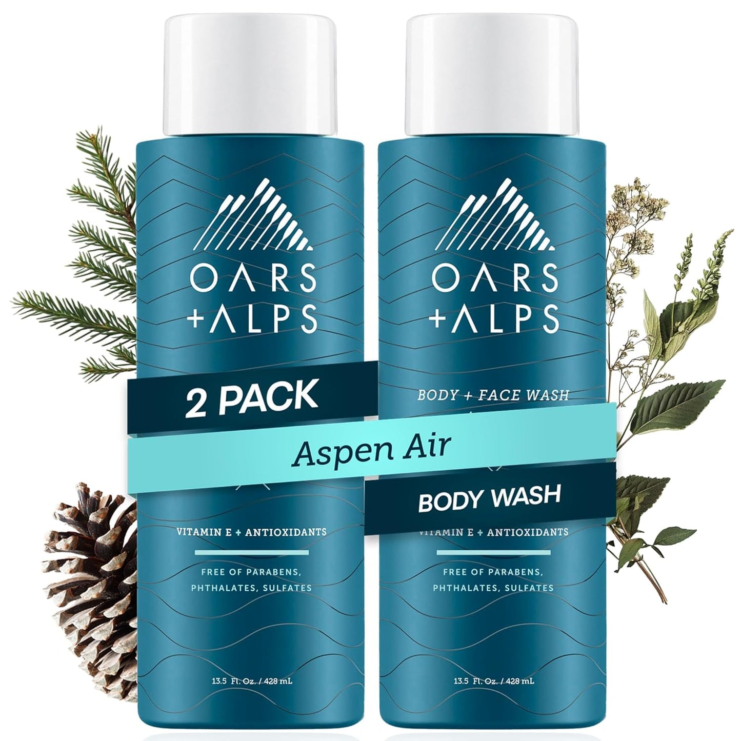 Oars + Alps Mens Moisturizing Body and Face Wash, Skin Care Infused with Vitamin E and Antioxidants, Sulfate Free, Aspen Air, 2 Pack