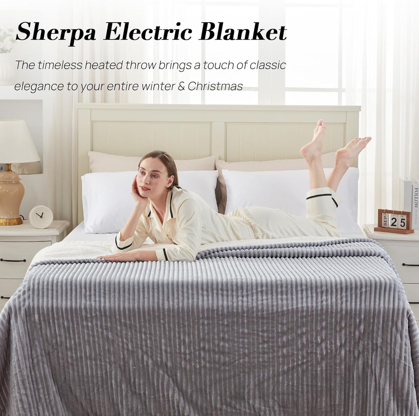 Westinghouse Full Size Heated Blanket, Soft Flannel to Sherpa Reversible, Electric Blanket Full with 10 Heating Settings & 1-12 Hours Auto Shut Off, Machine Washable, (72" x 84", Light Grey)