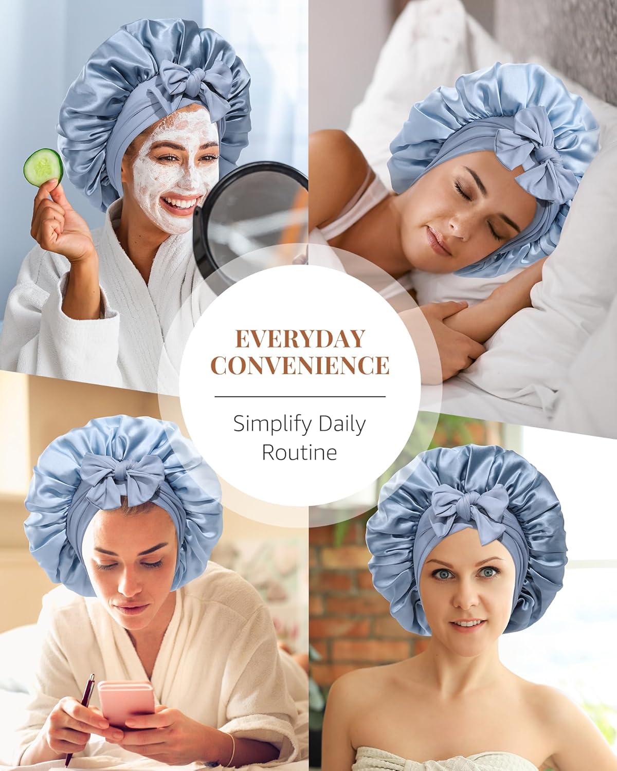 AWAYTR Silk Bonnet for Sleeping Women 100% Mulberry Silk Bonnet with Band 2 Layer Reversible Hair Bonnet Sleeping Hair Wrap (Silk, Haze blue/Sky blue)