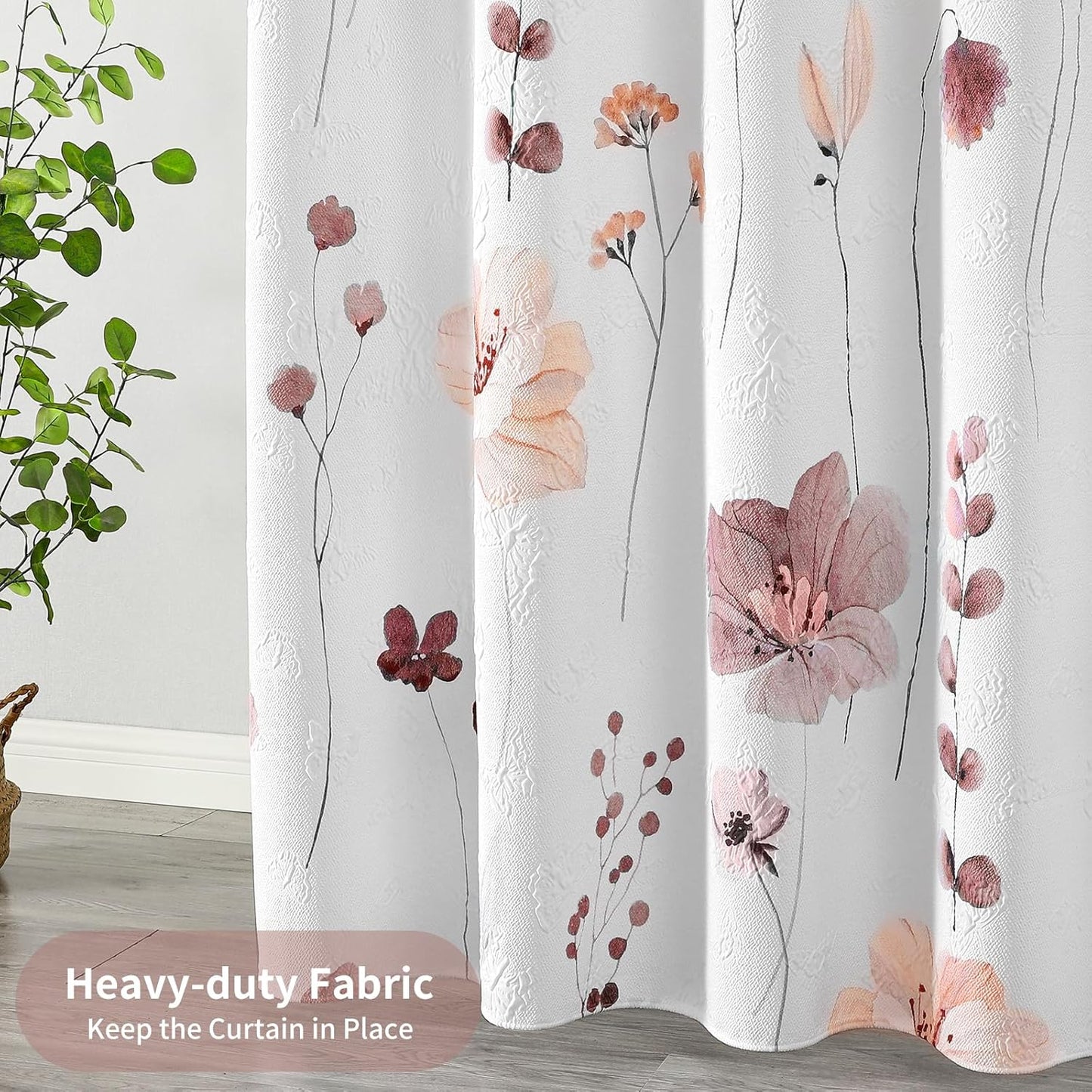 QiyI Extra Long Shower Curtain 72 x 84, Modern Watercolor Floral Shower Curtain, 3D Embossed Texture Pink Brown Flower Cloth Bathroom Curtain, Waterproof Fabric Farmhouse Bath Curtain Set with Hooks