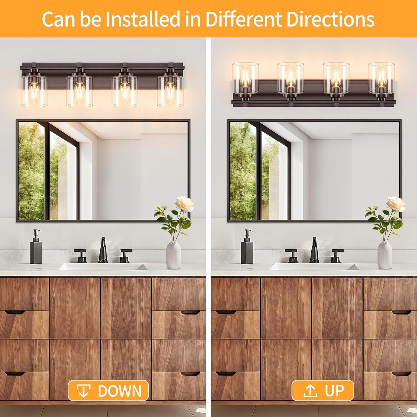 4 Light Modern Bathroom Light Fixtures Over Mirror, Bronze Finish Vanity Lights for Bathroom Wall Sconces with Clear Glass Shades, E26 Socket (Bulbs Not Included)