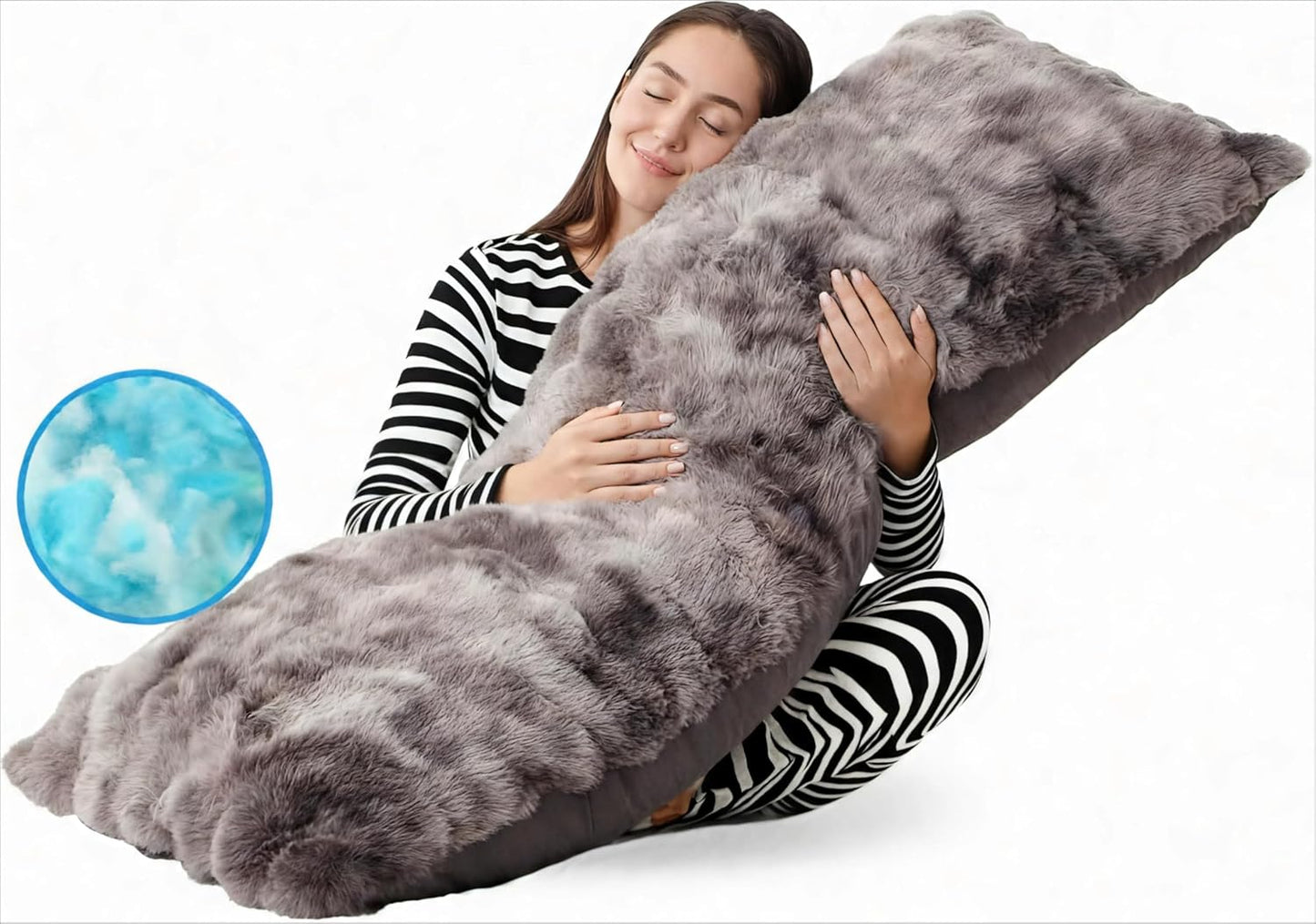 ZonLi Fluffy Bubble Body Pillow – Faux Rabbit Fur Long Pillow for Adults, 20x54 Inch Plush Body Pillow for Sleeping & Lounging, Dual-Sided Soft Cover with Adjustable Memory Foam Filling, Grey