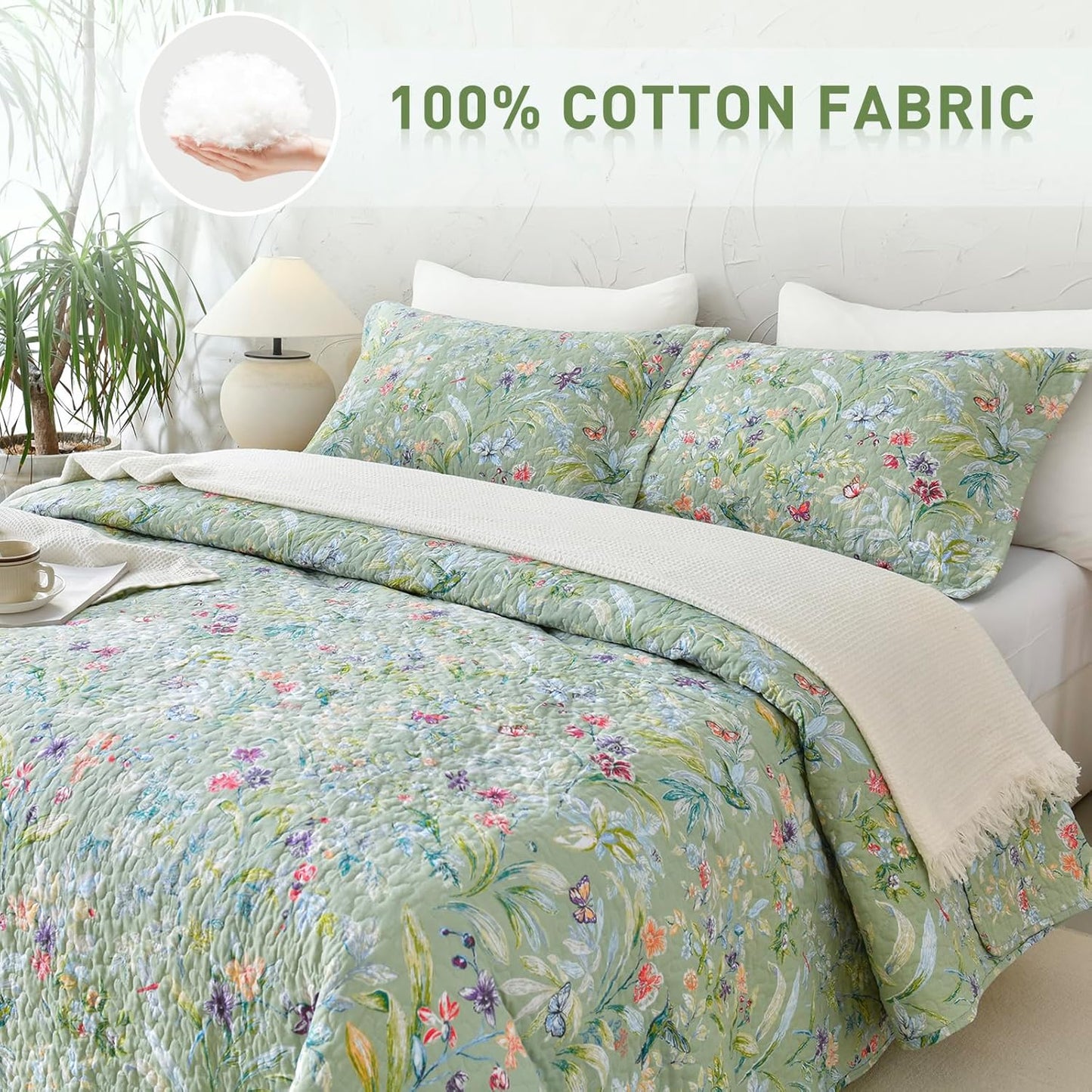 Lady Ann 100% Cotton Floral Cal King Quilt Set - Green Flower Bird Butterfly Pattern Print Quilted 118x106 Bedspread & Coverlet Set, 3 PCS Lightweight Extra Soft Queen Bedding Sets All Season
