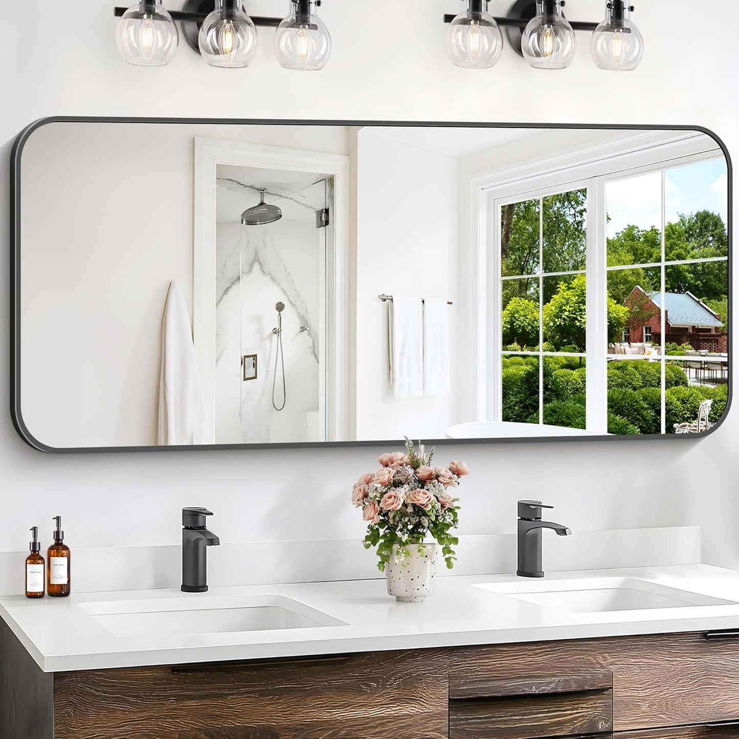 Bathroom Mirror, 60 x 24 inch Metal Framed Black Rectangle Mirror, Rounded Corner Rectangular Vanity Mirror, Large Wall Mounted Mirror for Modern Bedroom Living Room Horizontal or Vertical
