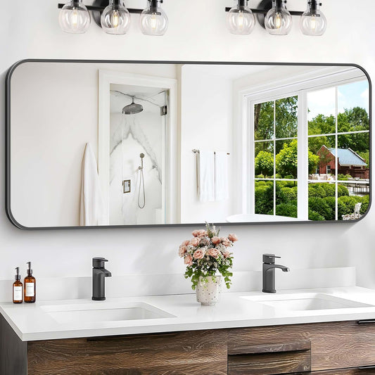 Bathroom Mirror, 60 x 24 inch Metal Framed Black Rectangle Mirror, Rounded Corner Rectangular Vanity Mirror, Large Wall Mounted Mirror for Modern Bedroom Living Room Horizontal or Vertical