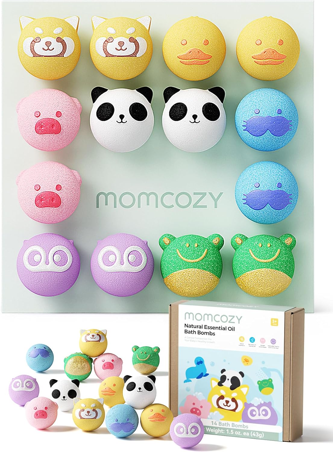 Momcozy Essential Oil Bath Bombs,14 Pcs Bubble Bath Fizzy Balls with 7 Cute Animal Shapes,Bath Bombs Gift Set for Kids Girls Boys Toddler, Ideal Gift for Children's Day, Bath Bomb Kit