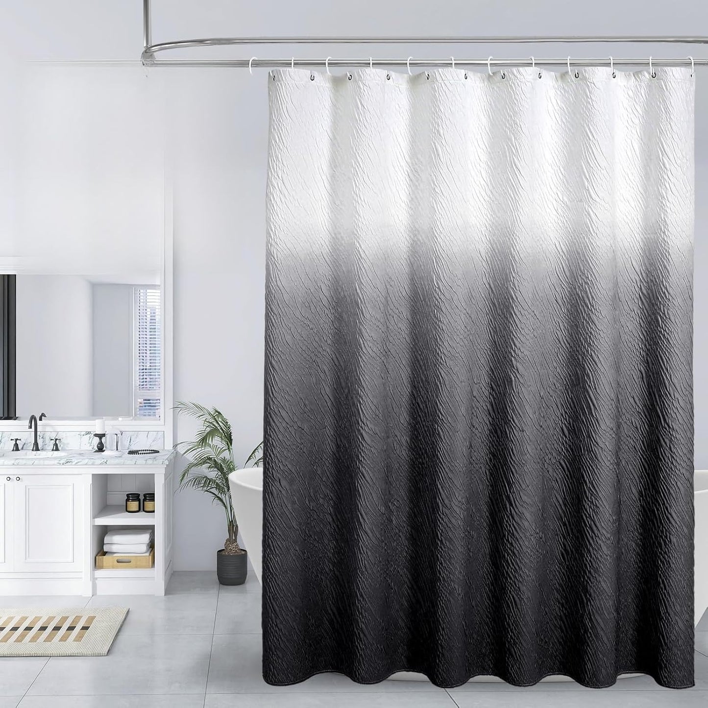 MitoVilla Black Ombre Shower Curtain Set with Hooks, Waves Textured Fabric Shower Curtains for Modern Luxury Bathroom Decor, 3D Marble Geometric Embossed Cloth Bathroom Shower Curtain, 72 x 72