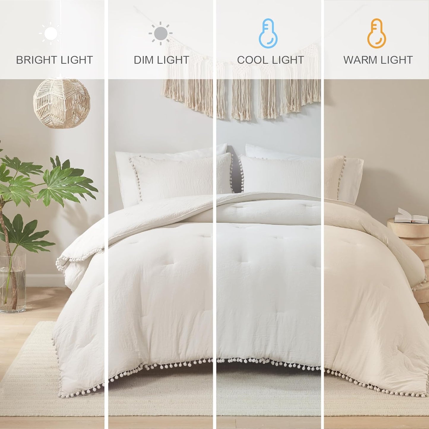 Codi Beige King Comforter Set - Boho Chic Bedding with Pom Fringe, Soft Washed Microfiber Taupe 3-Piece Set, 1 Comforter & 2 Pillowcases, Lightweight Luxury, King Size