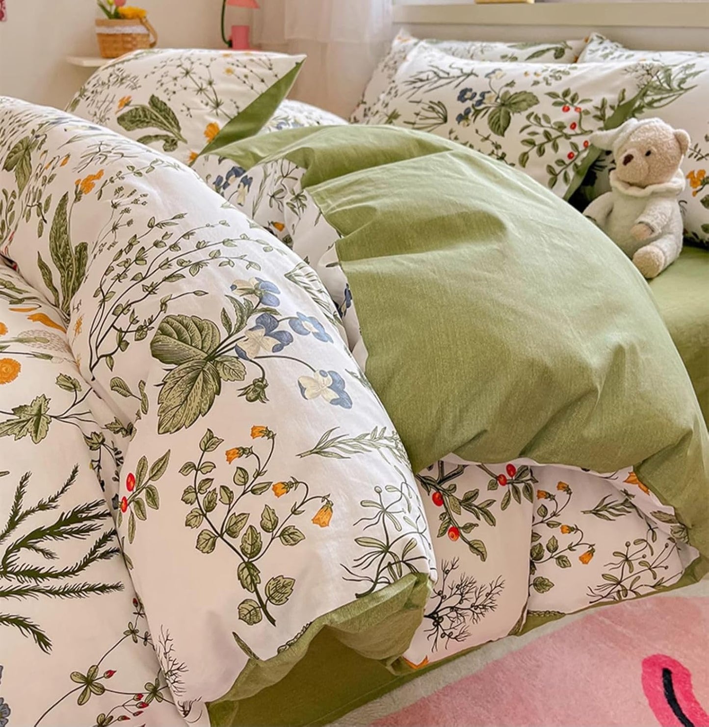 KAREVER Botanical Comforter Set Full White and Sage Green Floral Plant Bedding Set Garden Pattern Printed on White Reversible Blanket 3 PCs 1 White Comforter 80"x90" and 2 Pillowcases