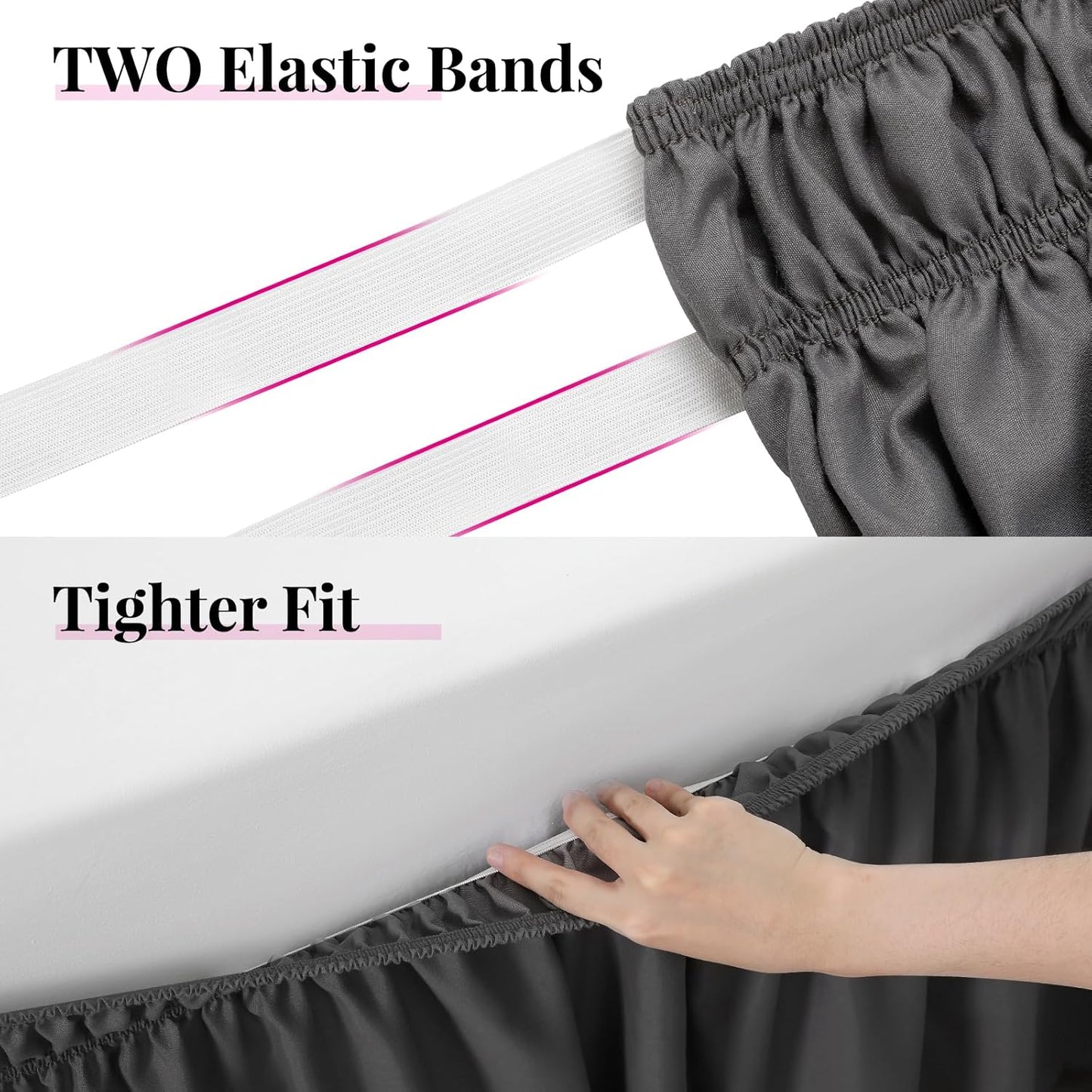 RIMELA Dark Grey Bed Skirt for Queen Size Beds & Matresses Wrap Around Elastic Dust Ruffles for Box Spring, Solid Wrinkle and Fade Resistant Machine Wash Fabric Easy to Install, Bedskirt 15 Inch Drop
