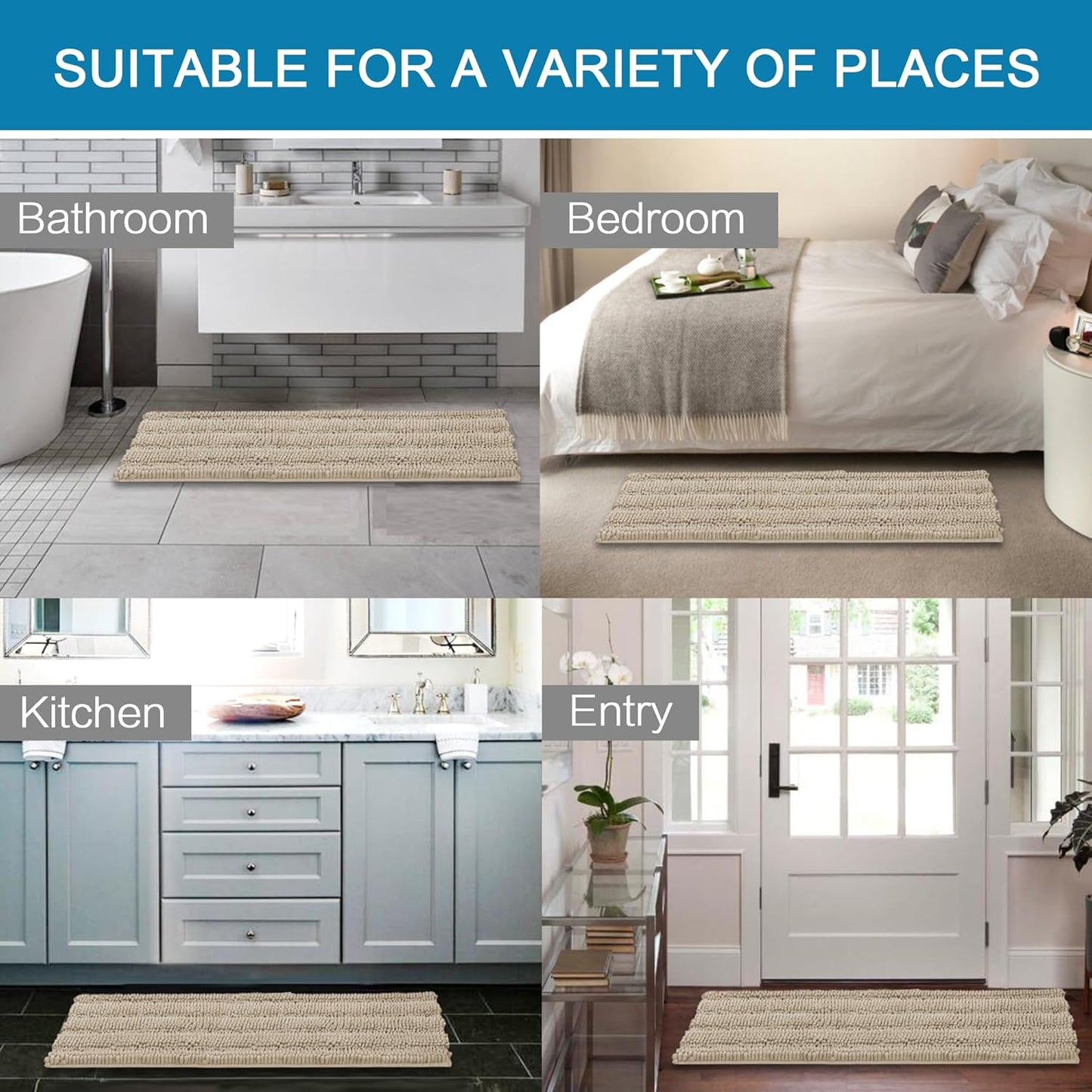 H.VERSAILTEX Bath Rugs for Bathroom Non Slip Bath Mats Thick Chenille Striped Bath Rug Runners 47" x 17" Absorbent Fluffy Soft Shaggy Mats Dry Fast Plush Area Carpet for Bath Room - Fog