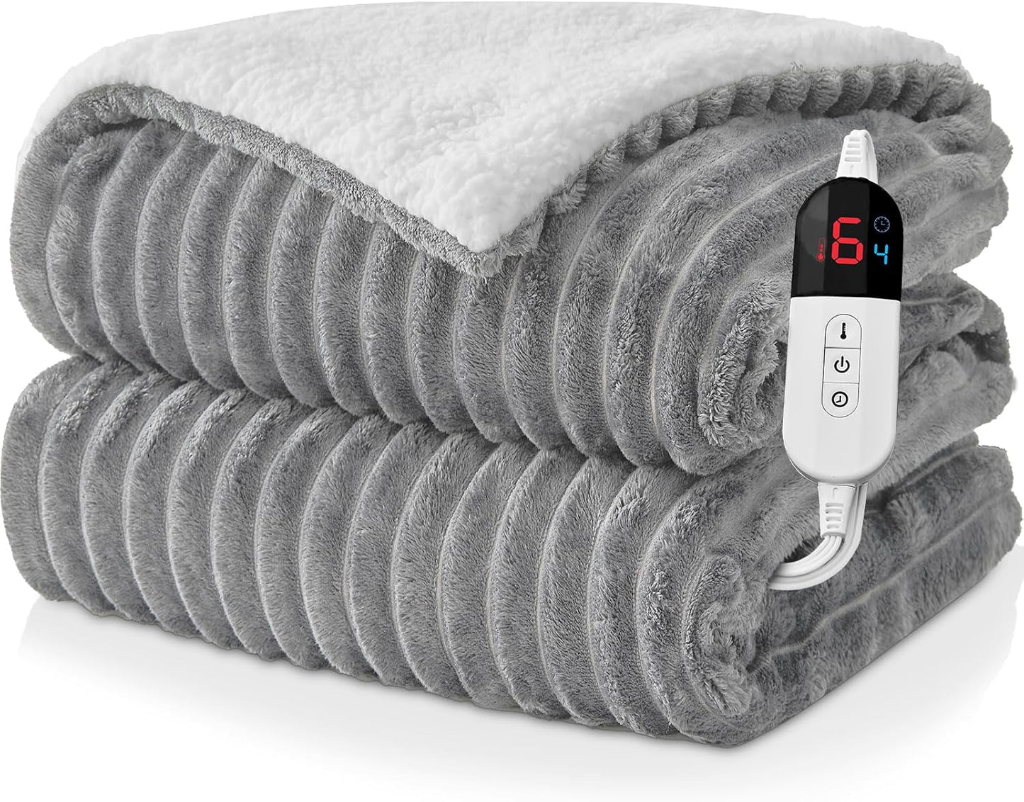 Electric Heated Blanket Twin Size - 62"x84" Fast Heating Bed Blankets with 6 Heating Levels & 10 Hours Auto Off, Soft Ribbed Flannel Sherpa, Over-Heated Protection ETL, Light Gray