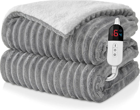 Electric Heated Blanket Twin Size - 62"x84" Fast Heating Bed Blankets with 6 Heating Levels & 10 Hours Auto Off, Soft Ribbed Flannel Sherpa, Over-Heated Protection ETL, Light Gray