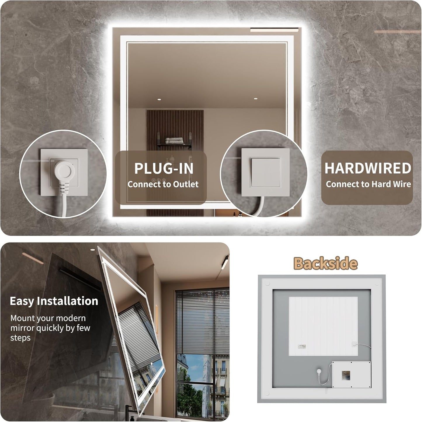 Bathroom Mirror with Lights 36"X36" with Front Light and Backlit, Tempered Glass, Wall Mount Horizontal/Vertical, Stepless Dimmable, 3 Colors, Anti Fog, Bathroom Memory LED Mirror