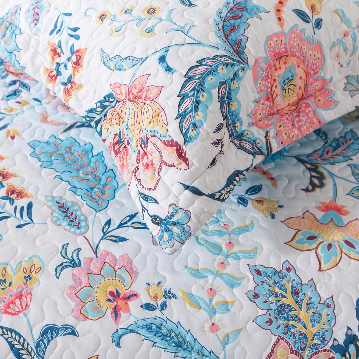 BEDIFANY Garden Cotton Filling King Size Quilt Set - Lightweight Bedspreads King Size (98 x 106 inch) with Colorful Floral Pattern - Farmhouse King Quilt Bedding Sets for Bed Coverlet, 3 Pieces