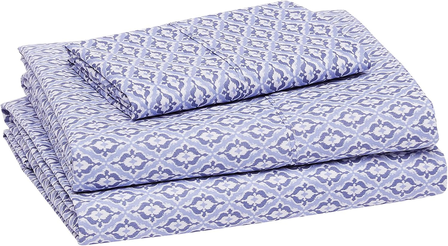 Amazon Basics Lightweight Super Soft Easy Care Wrinkle Free Microfiber 3 Piece Bed Sheet Set with 14-Inch Deep Pockets, Twin, Blue Damask, Printed, Kids, Men & Women Bedding