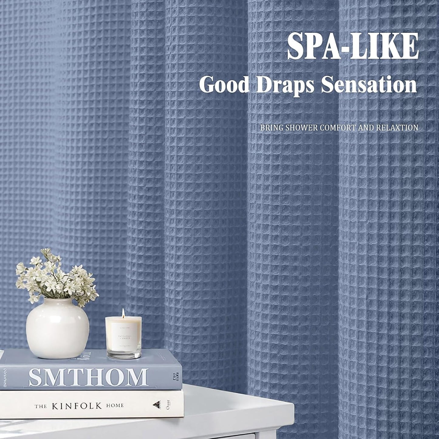 Long Waffle Shower Curtain - Moonlight Blue Cotton Texture Fabric Heavyweight Shower Curtain for Bathroom,72Wx78L