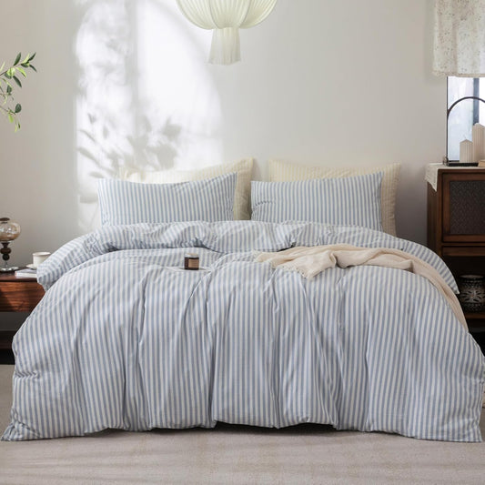 FOSSA Striped Duvet Cover Set 100% Washed Cotton Linen Feel Super Soft Breathable Cozy 3 Pieces Bedding Sets Cornflower Blue White Classic Stripes Queen