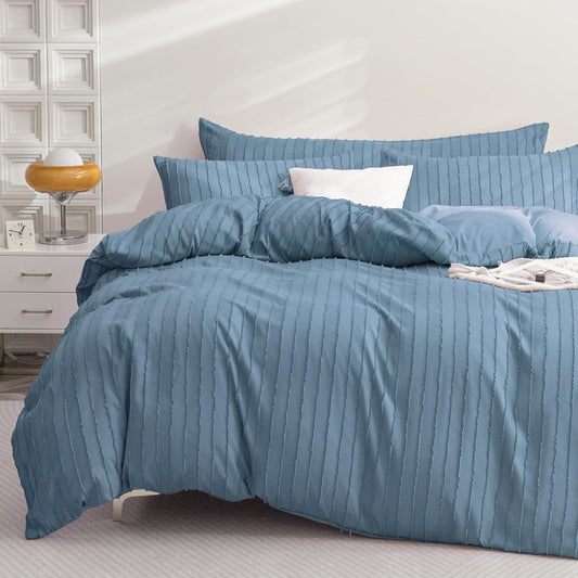 JELLYMONI Duvet Cover Full Size Blue - 3PCS Boho Striped Duvet Cover Set Polyester Tufted Bohemian Textured Comforter Cover with Corner Ties & Zipper Closure
