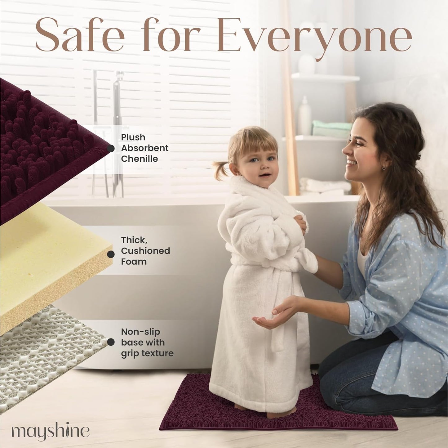 MAYSHINE Plush Shaggy Chenille Bath Mat | Extra Soft, Super Absorbent, Non-Slip Bathroom Rug | Fluffy Microfiber, Area Rug Sets for Bathroom Floor, Kitchen, Living Room | 39"x24" | Burgundy
