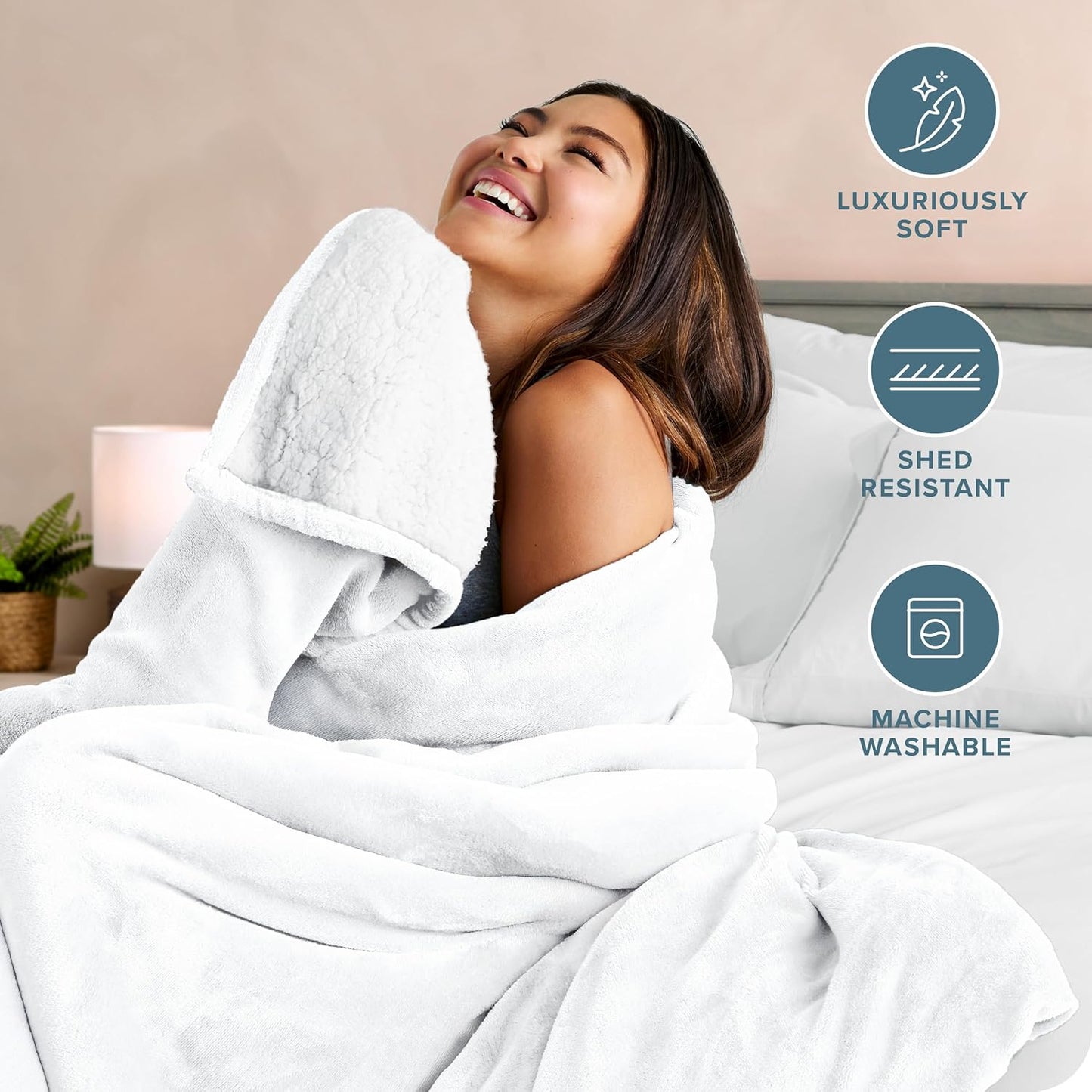 Bare Home Sherpa Fleece Blanket - King Size - Blanket for Bed, Sofa, and Couch - Warm & Lightweight - Fluffy & Soft - Reversible (King, White)