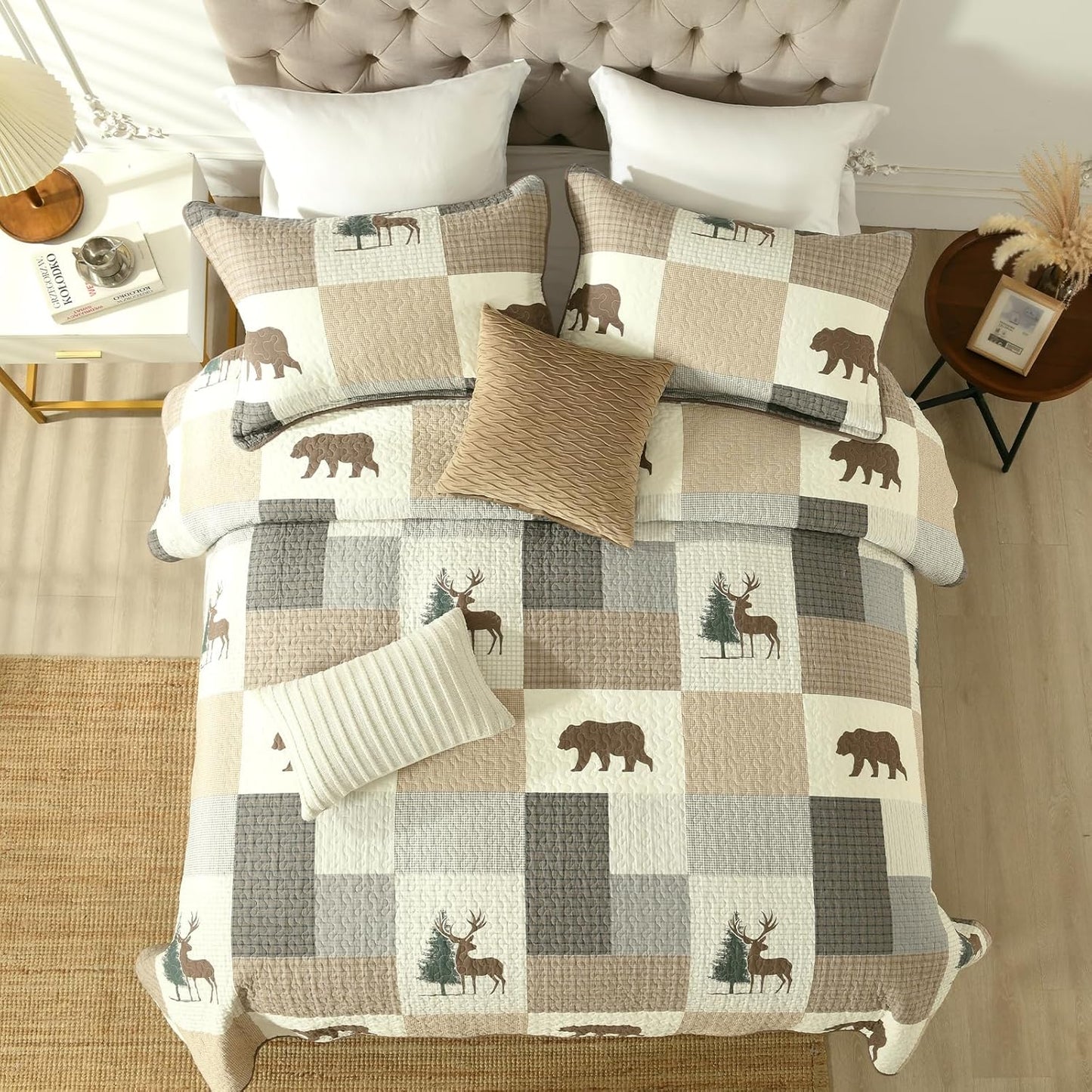 Uniclinens Plaid Quilt Set Queen Size, 100% Cotton Patchwork Quilts, Brown Farmhouse Lightweight Quilted Comforter, Soft Rustic Bedspread, 3 Pieces Set with 2 Pillowshams, Beige/Brown/Gray