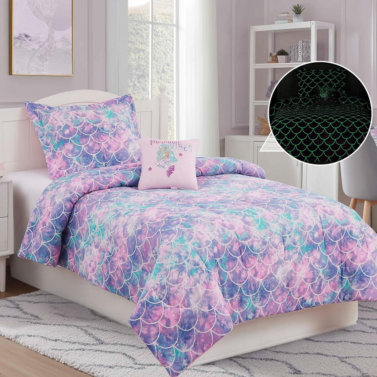 Full Size Comforter Set for Girls-4 Pieces Mermaid Glow in The Dark Full Bedding Sets for Kids, 1 Comforter, 2 Shams and 1 Decor Pillow
