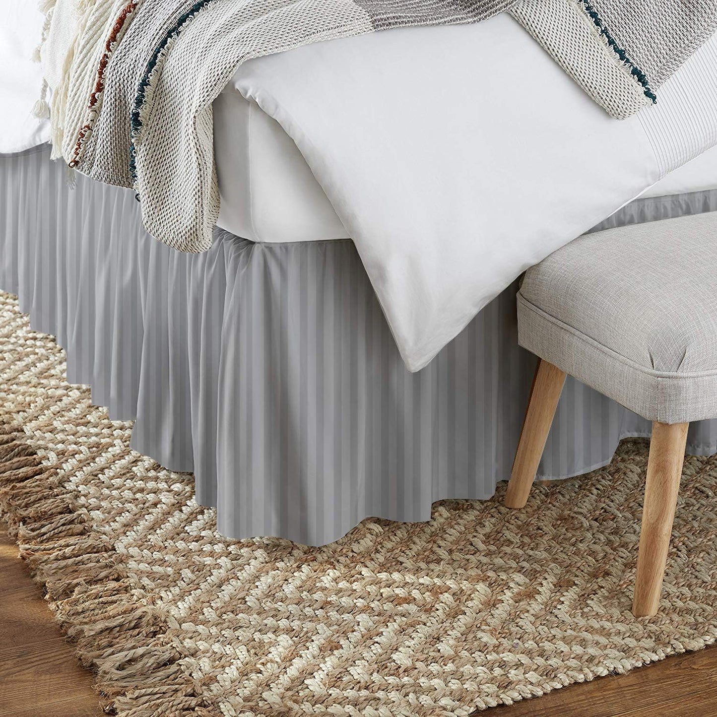 KRISHNA Ruffled Bed Skirt with Split Corners Queen, 100% Microfiber Hotel Quality, 15 Inch Drop Dust Ruffle Gathered Bedskirt with Platform, 60" x 80", Light Grey Stripe