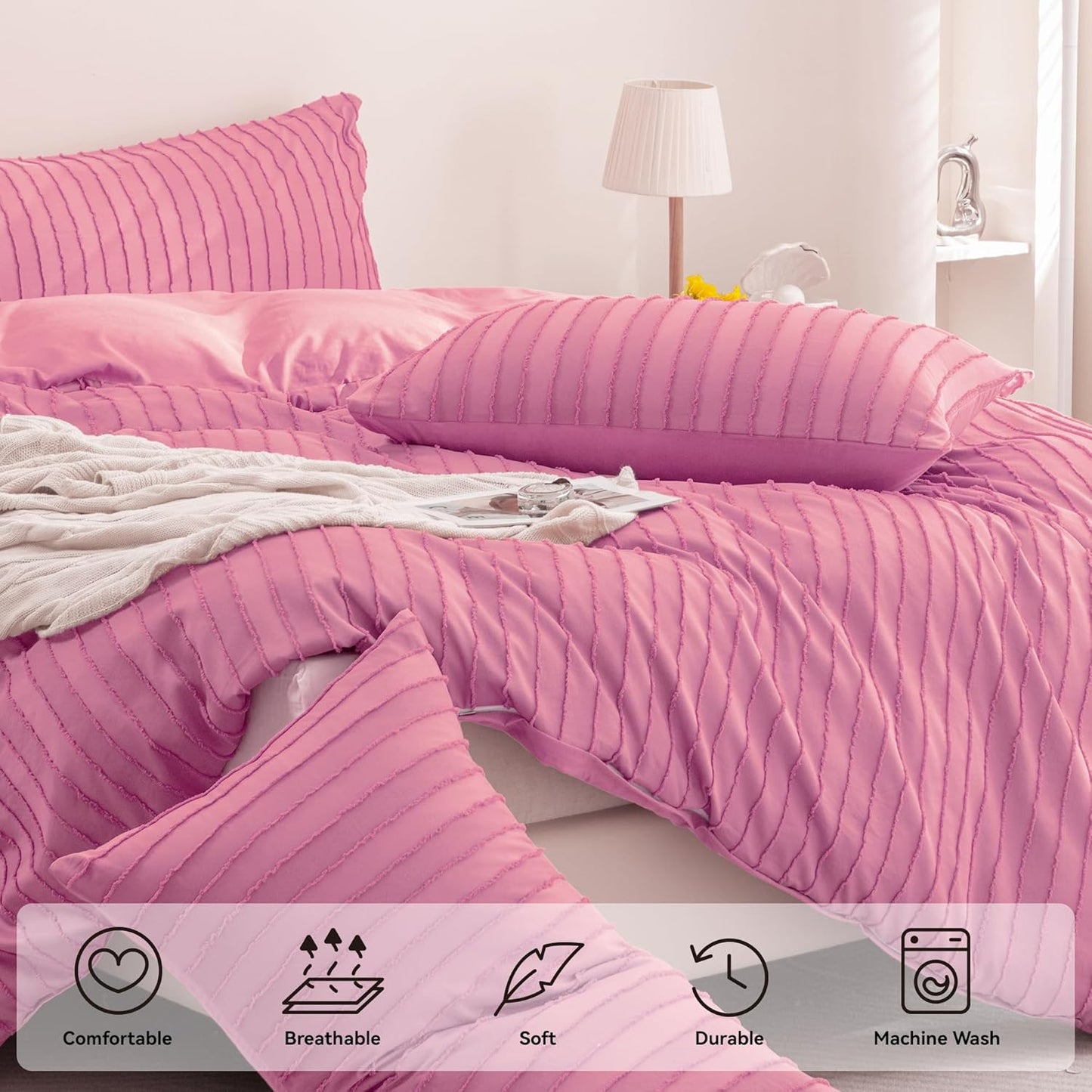 JELLYMONI Duvet Cover Queen Size Bright Pink - 3PCS Boho Striped Duvet Cover Set Polyester Tufted Bohemian Textured Comforter Cover with Corner Ties & Zipper Closure