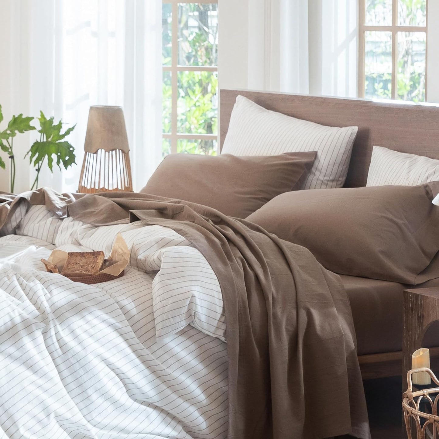 MooMee Bedding Sheet Set 100% Washed Cotton Linen Like Textured Breathable Durable Soft Comfy (Brown, Twin)