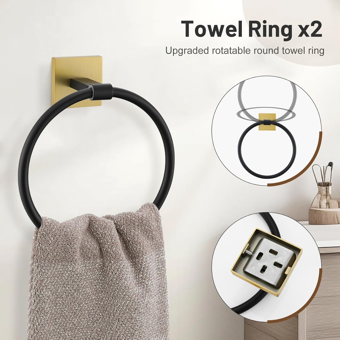 10 Pieces Black Gold Towel Bar Set, 23.6 Inch Bathroom Accessories Set SUS304 Stainless Steel Bathroom Hardware Set Towel Racks for Bathroom Wall Mounted.