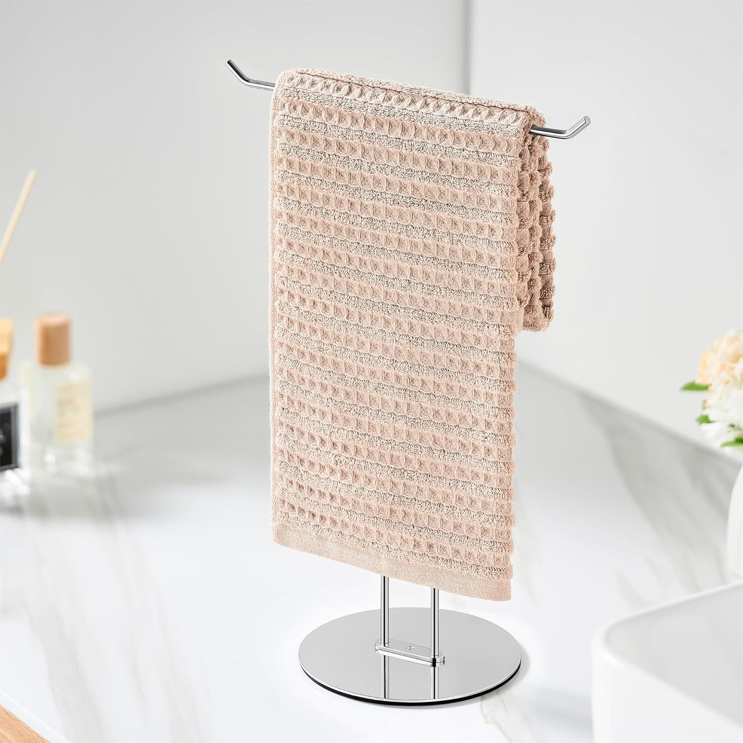 T-Shaped Hand Towel Holder Stand – Countertop Stainless Steel Towel Rack with Non-Slip Base for Bathroom, Kitchen, Vanity, Silver