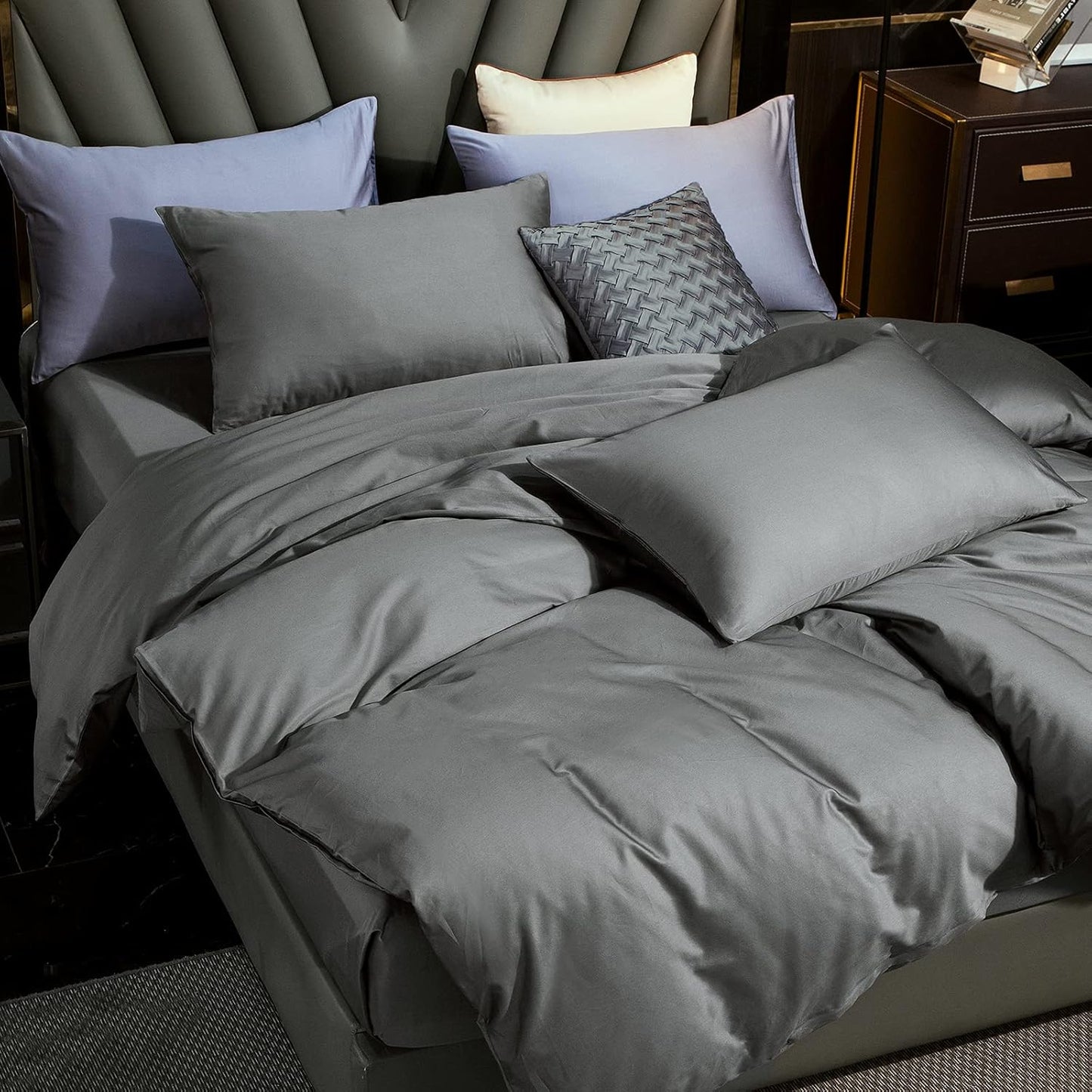 MooMee Duvet Cover Set 100% Extra Long Staple Cotton 600 Thread Count Silky Sateen Smooth Luxury Soft Breathable Durable Hotel Quality Bedding, 3 Pieces (Dark Gray,California King 104"x98")