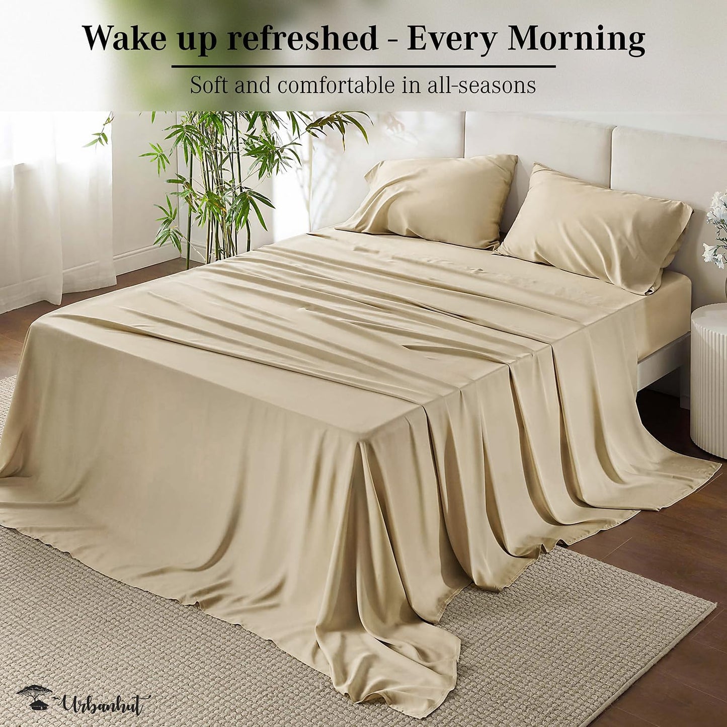 URBANHUT 700 Thread Count Egyptian Cotton Sheets Queen Size, 4Pc Sheet Set Soft Luxury Bed Sheets for Queen Size Bed, Sateen Weave Hotel Sheets, 16'' Elasticized Deep Pocket - Sand