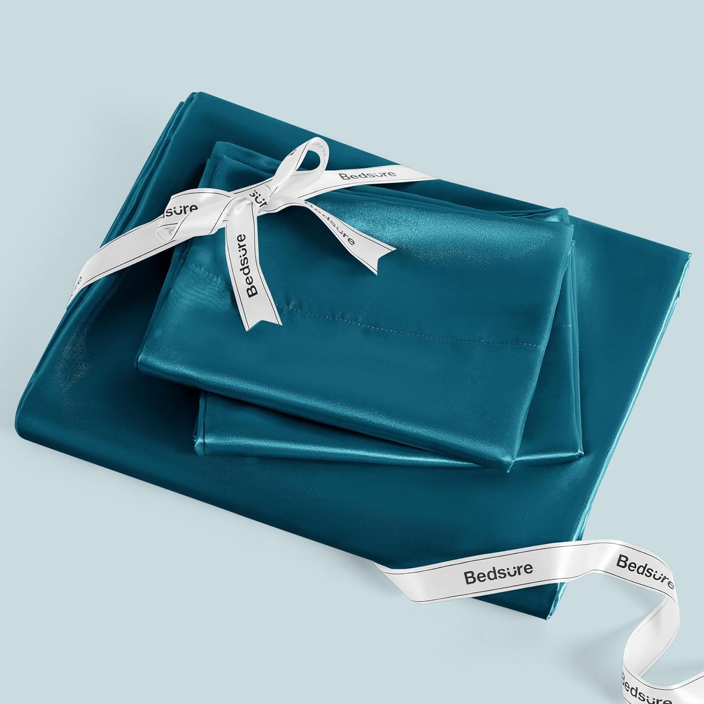 Bedsure Satin Sheets Queen Size - 4 Piece Silky Bedsheets with 15 Inches Deep Pocket Fitted Bedsheet,1 Flat Sheet, 2 Satin Pillowcases, Good for Hair & Skin (Queen, Teal)