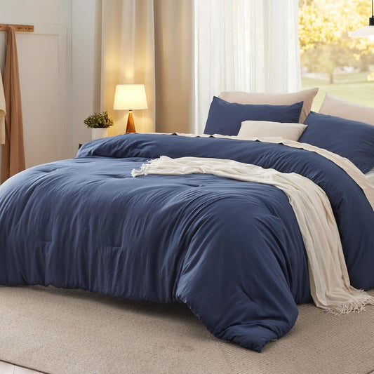 Bedsure King Size Comforter Set, Navy Soft Prewashed Bedding for All Seasons, 3 Pieces GentleSoft™ Warm Down Alternative Bed Set, 1 Lightweight Comforter (104"x90") and 2 Pillowcases (20"x36")