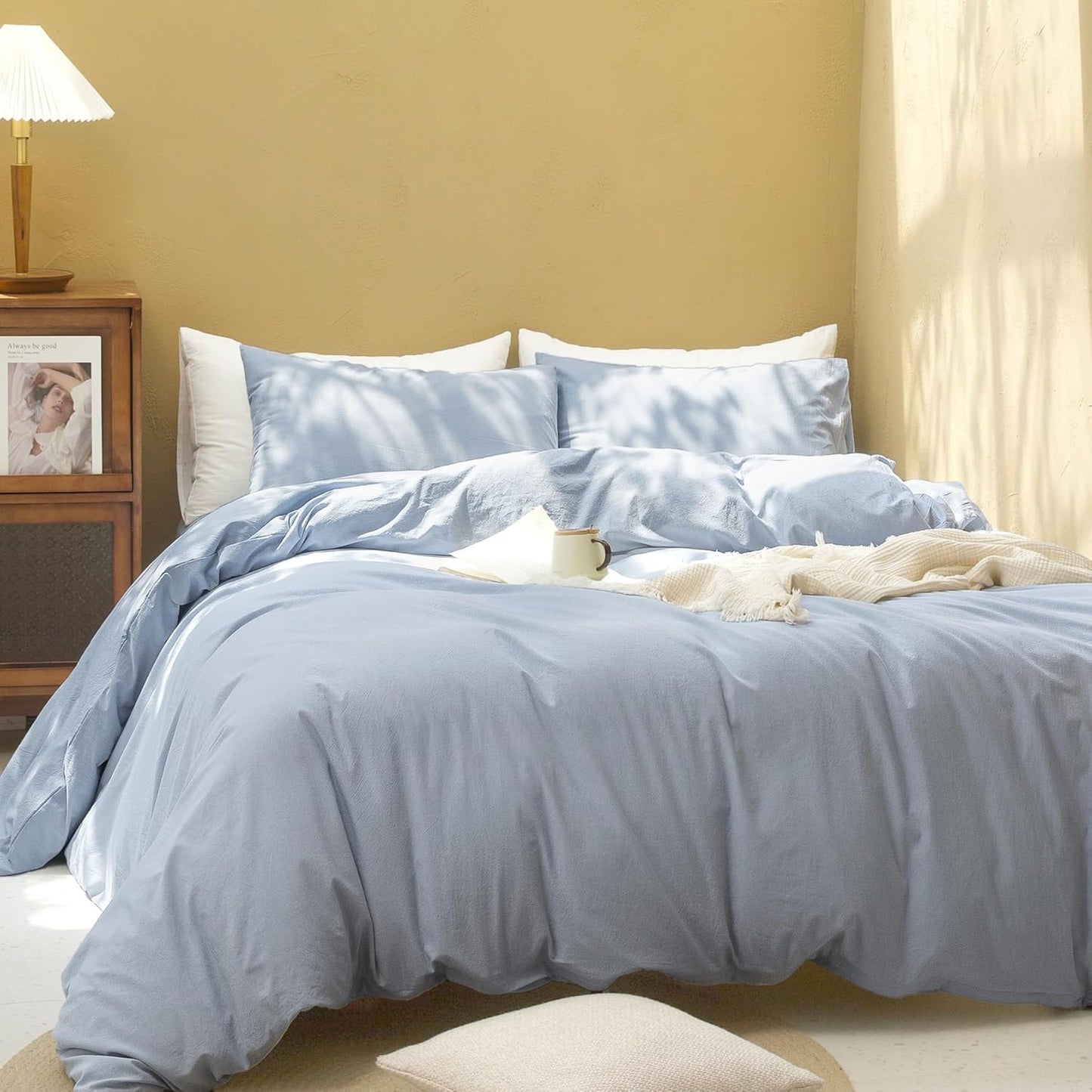 FOSSA Duvet Cover Set 100% Washed Cotton Linen Feel Super Soft Breathable Cozy 3 Pieces Bedding Sets Solid Cornflower Blue Oversized Queen