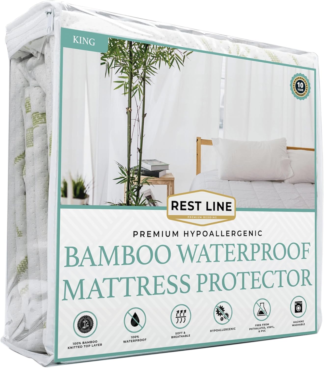 King Size 78x80” Premium Bamboo Waterproof Mattress Protector, 100% Viscose from Bamboo, Hypoallergenic, Cooling Mattress Pad Cover, Soft & Breathable Fitted Sheet Style up to 18" Deep - Rest Line